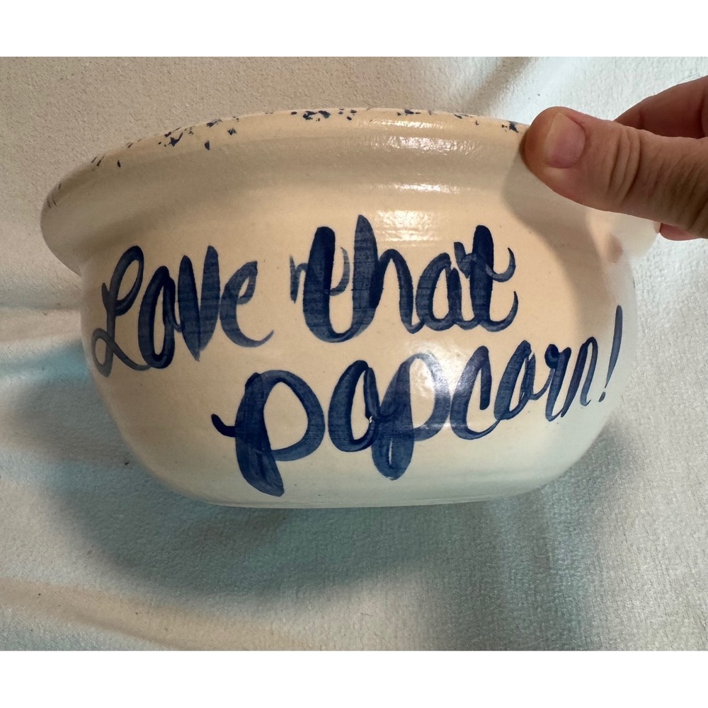 Handmade Heart Rim Stoneware Popcorn Bowl Blue Spongeware That's All Folks 9in